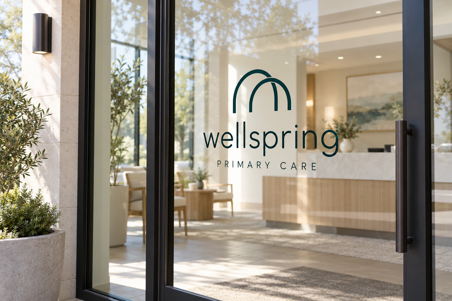 Wellspring identity applied to the glass entrance of a bright primary care office