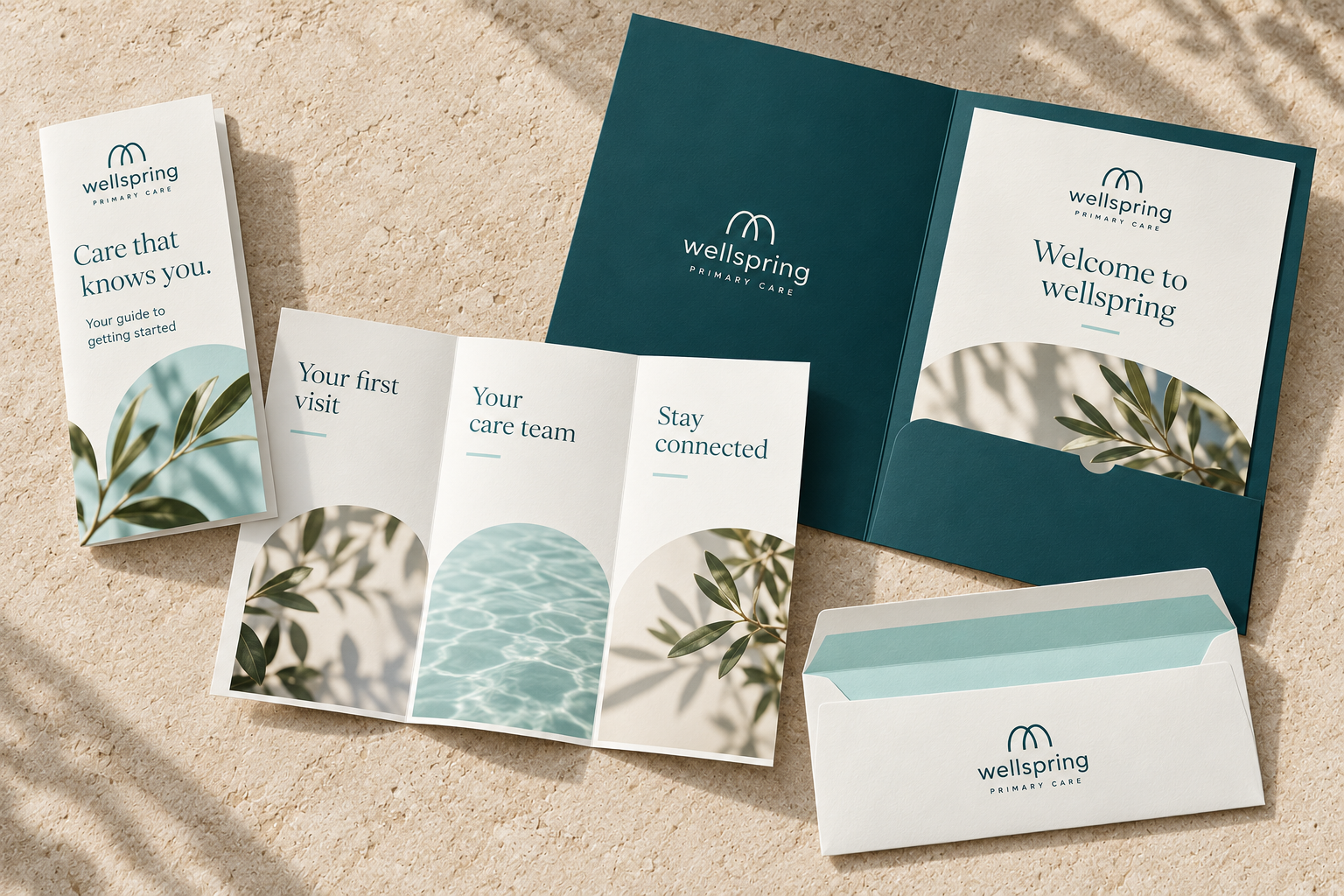 Wellspring patient welcome brochure, presentation folders, and matching envelopes in deep teal, aqua, and ivory