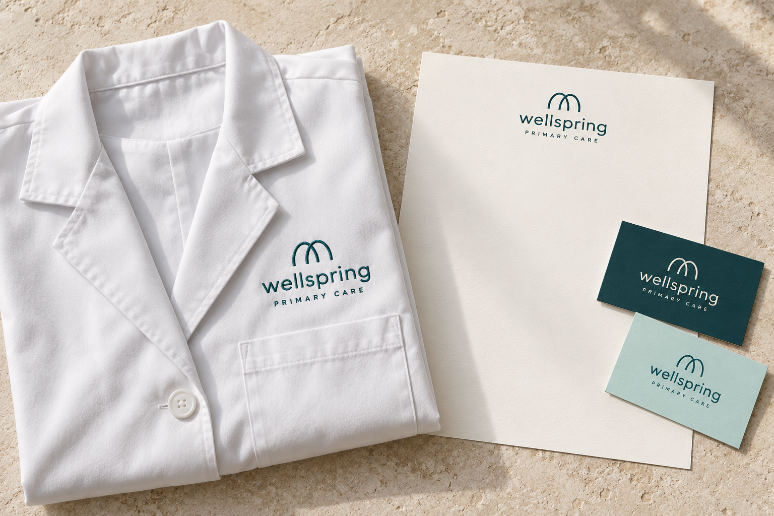 Wellspring embroidered white lab coat with coordinated letterhead and business cards