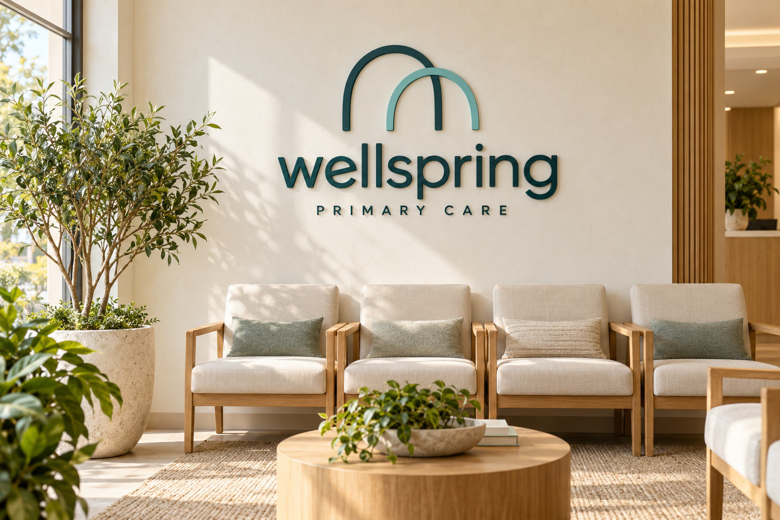 Wellspring dimensional wall identity in a serene waiting room with pale wood seating