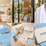 New Smile Dental concept: sky-blue branding across a warm waiting room with ample seating, glass door, lab coat, stationery and children’s gifts
